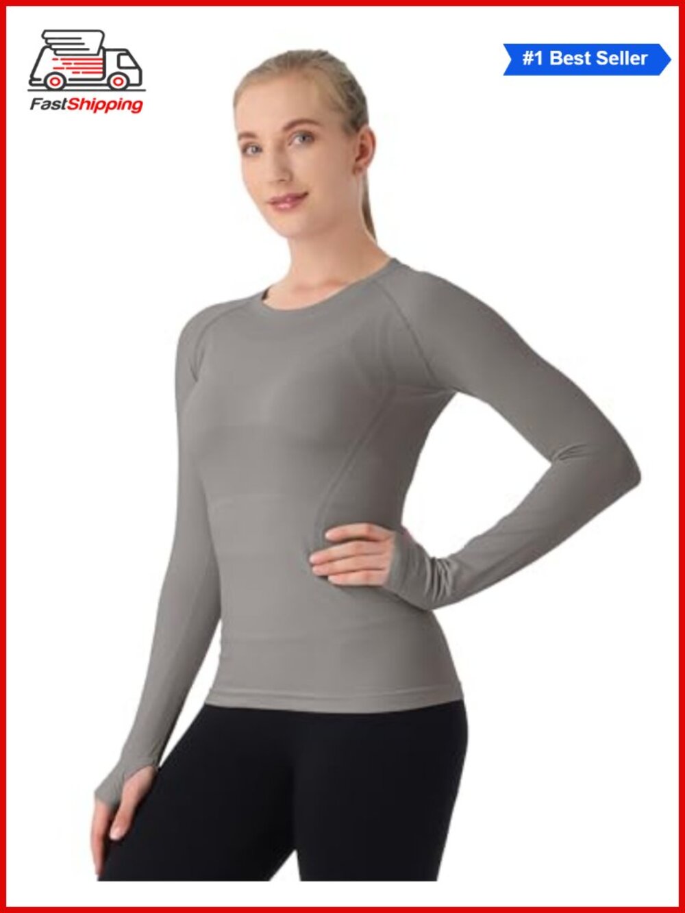 Seamless Long Sleeve Workout Top Thumb Holes Crew Neck Slim Fit